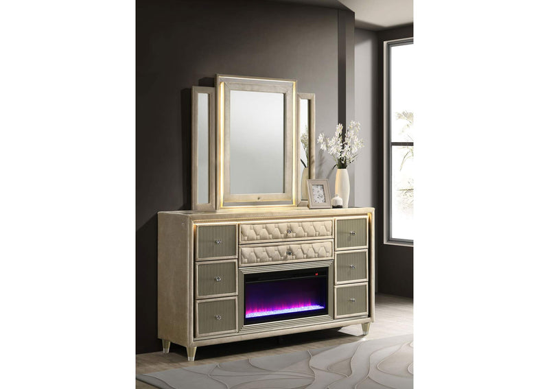 222663FBM Lorient 8-drawer LED Flame Box Dresser and Mirror Ivory Camel
