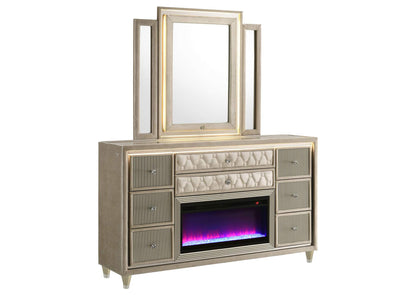 222663FBM Lorient 8-drawer LED Flame Box Dresser and Mirror Ivory Camel