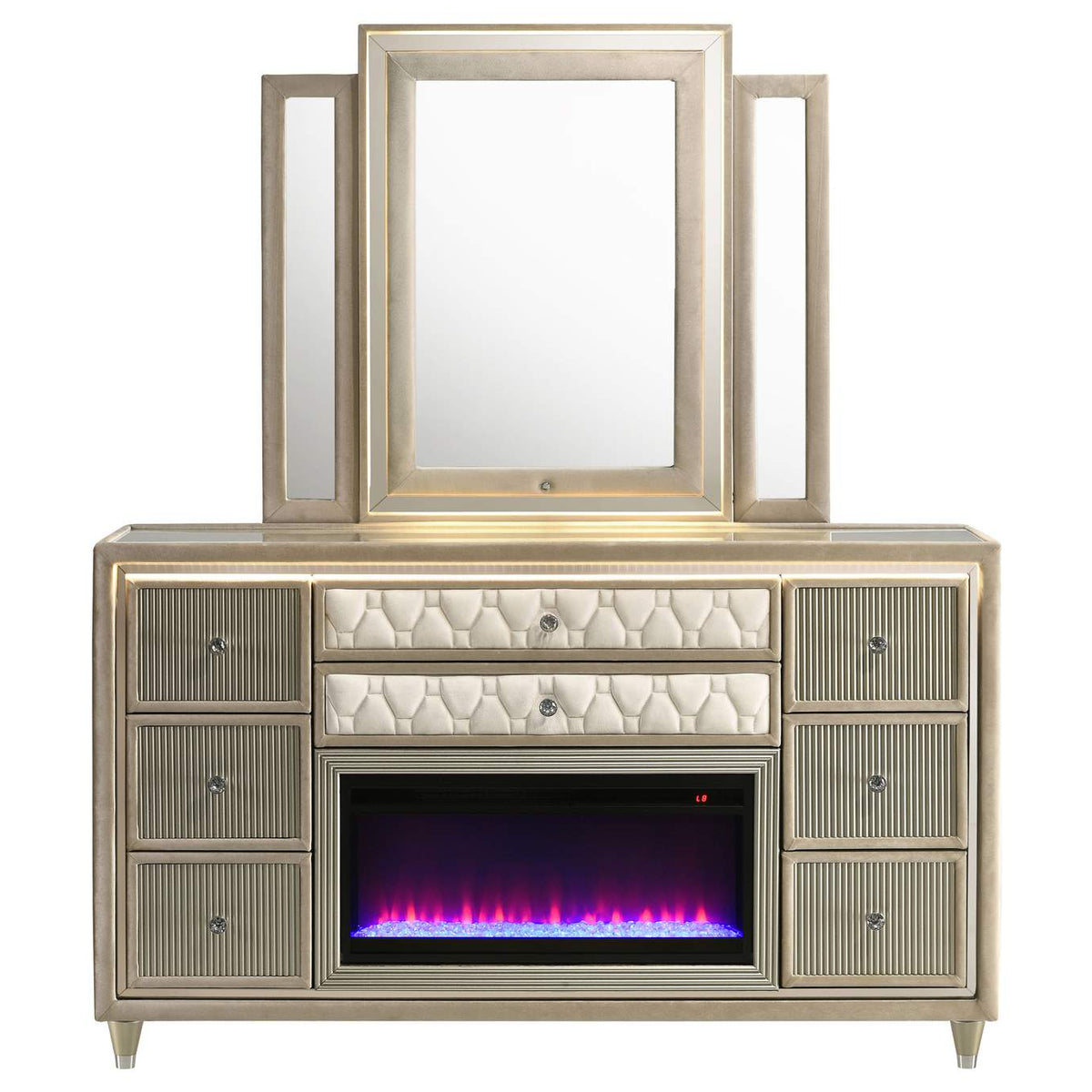 222663FBM Lorient 8-drawer LED Flame Box Dresser and Mirror Ivory Camel