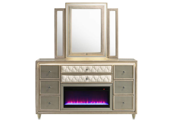 222663FBM Lorient 8-drawer LED Flame Box Dresser and Mirror Ivory Camel