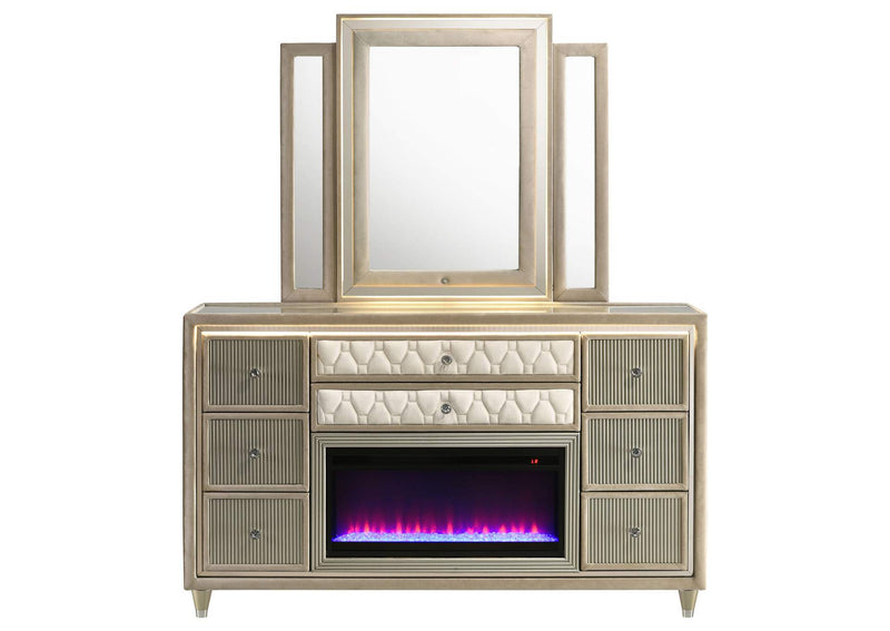 222663FBM Lorient 8-drawer LED Flame Box Dresser and Mirror Ivory Camel