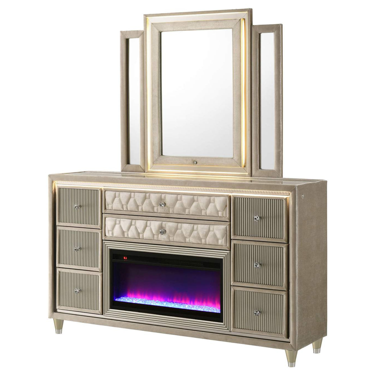 222663FBM Lorient 8-drawer LED Flame Box Dresser and Mirror Ivory Camel