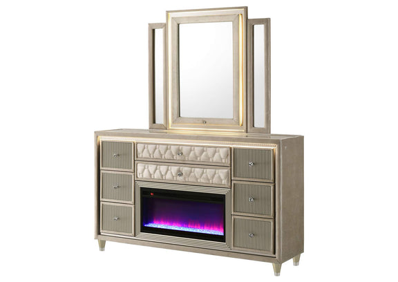 222663FBM Lorient 8-drawer LED Flame Box Dresser and Mirror Ivory Camel