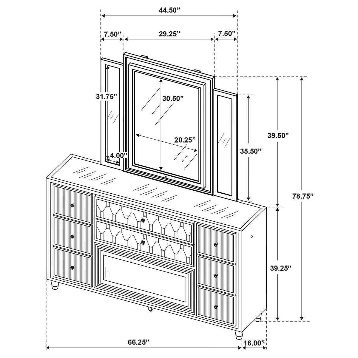 222663FBM Lorient 8-drawer LED Flame Box Dresser and Mirror Ivory Camel
