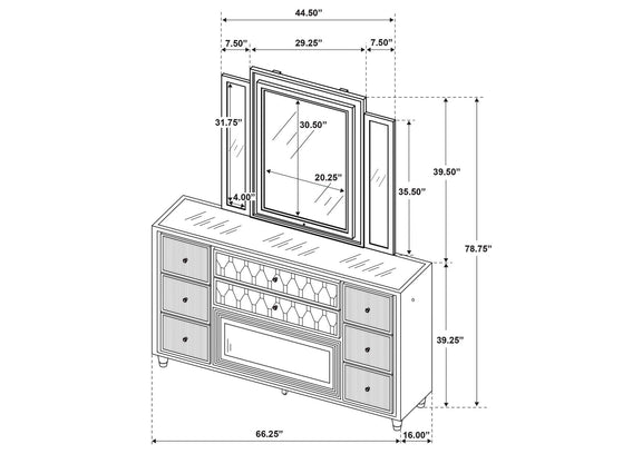 222663FBM Lorient 8-drawer LED Flame Box Dresser and Mirror Ivory Camel