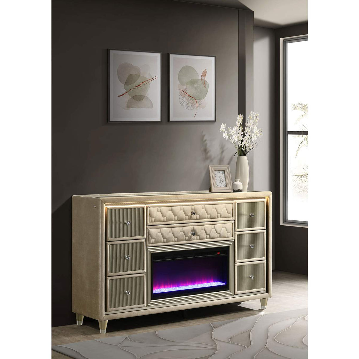 222663FB Lorient 8-drawer LED Bedroom Flame Box Dresser Ivory Camel