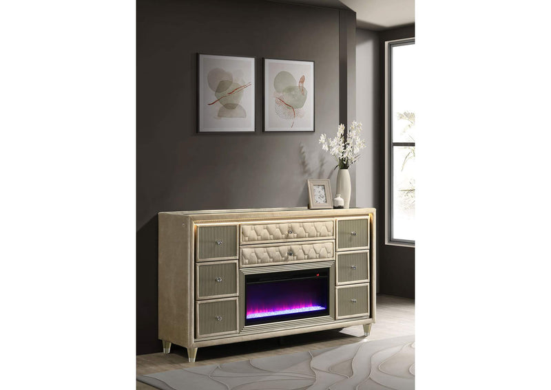 222663FB Lorient 8-drawer LED Bedroom Flame Box Dresser Ivory Camel