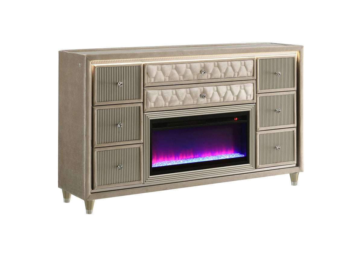 222663FB Lorient 8-drawer LED Bedroom Flame Box Dresser Ivory Camel