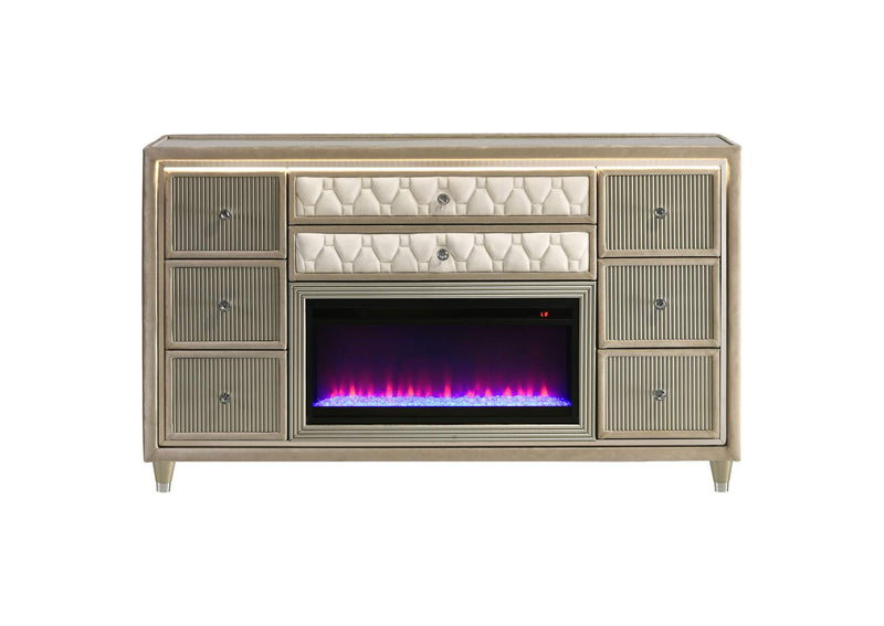 222663FB Lorient 8-drawer LED Bedroom Flame Box Dresser Ivory Camel