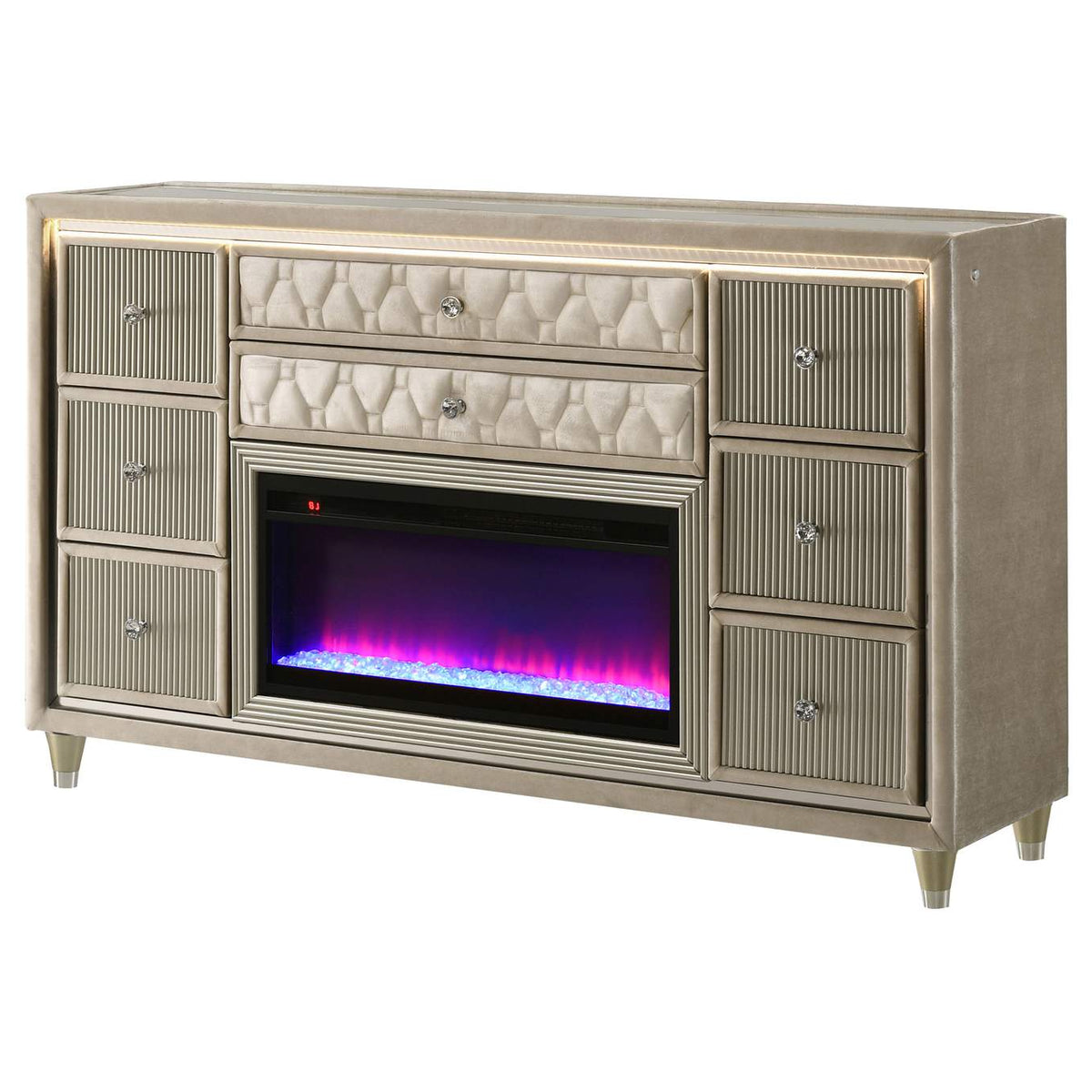 222663FB Lorient 8-drawer LED Bedroom Flame Box Dresser Ivory Camel