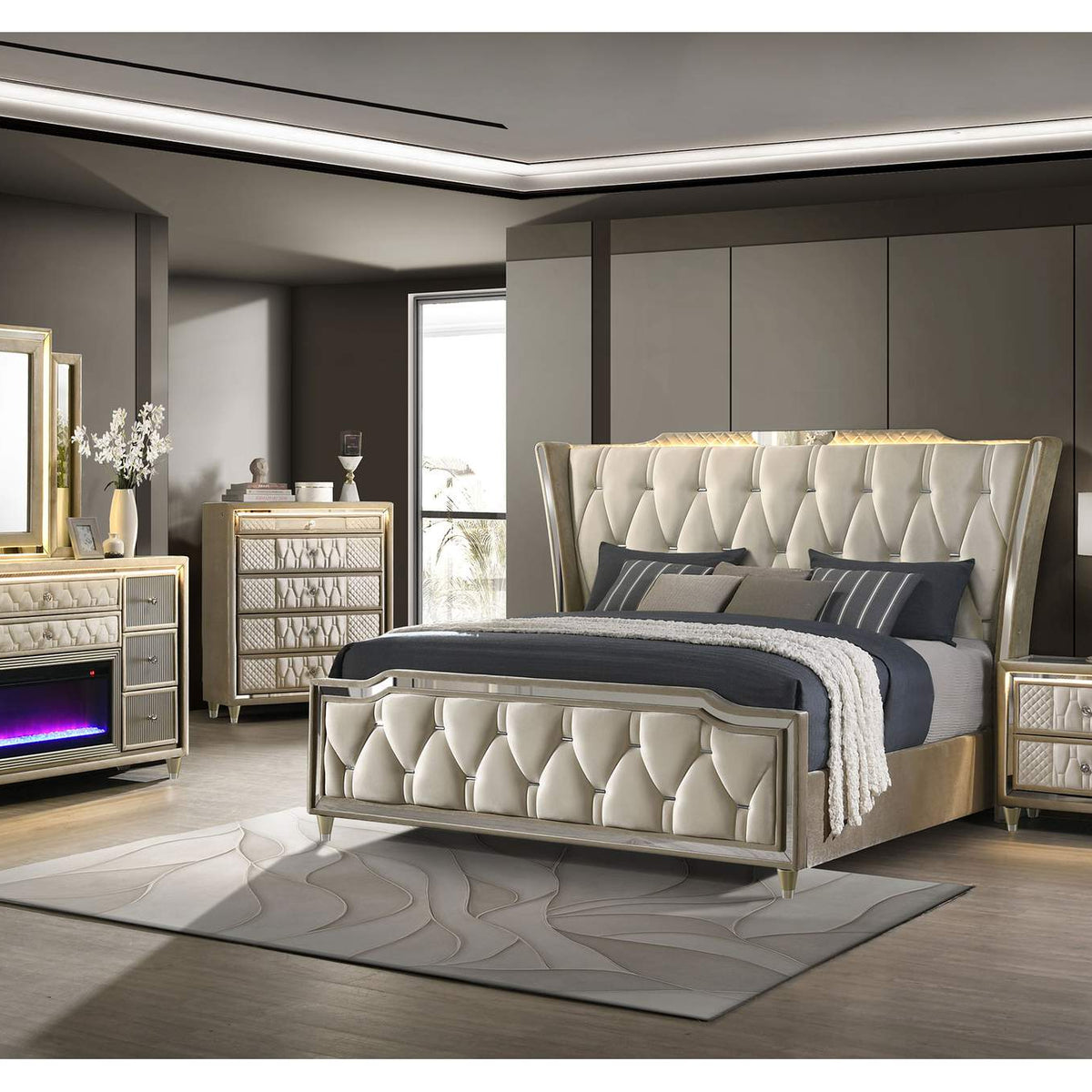 222663FB Lorient 8-drawer LED Bedroom Flame Box Dresser Ivory Camel