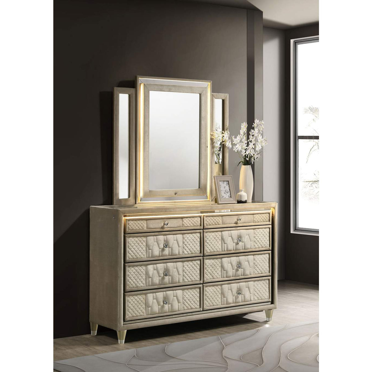 222663M Lorient 8-drawer LED Dresser with Mirror Ivory and Camel
