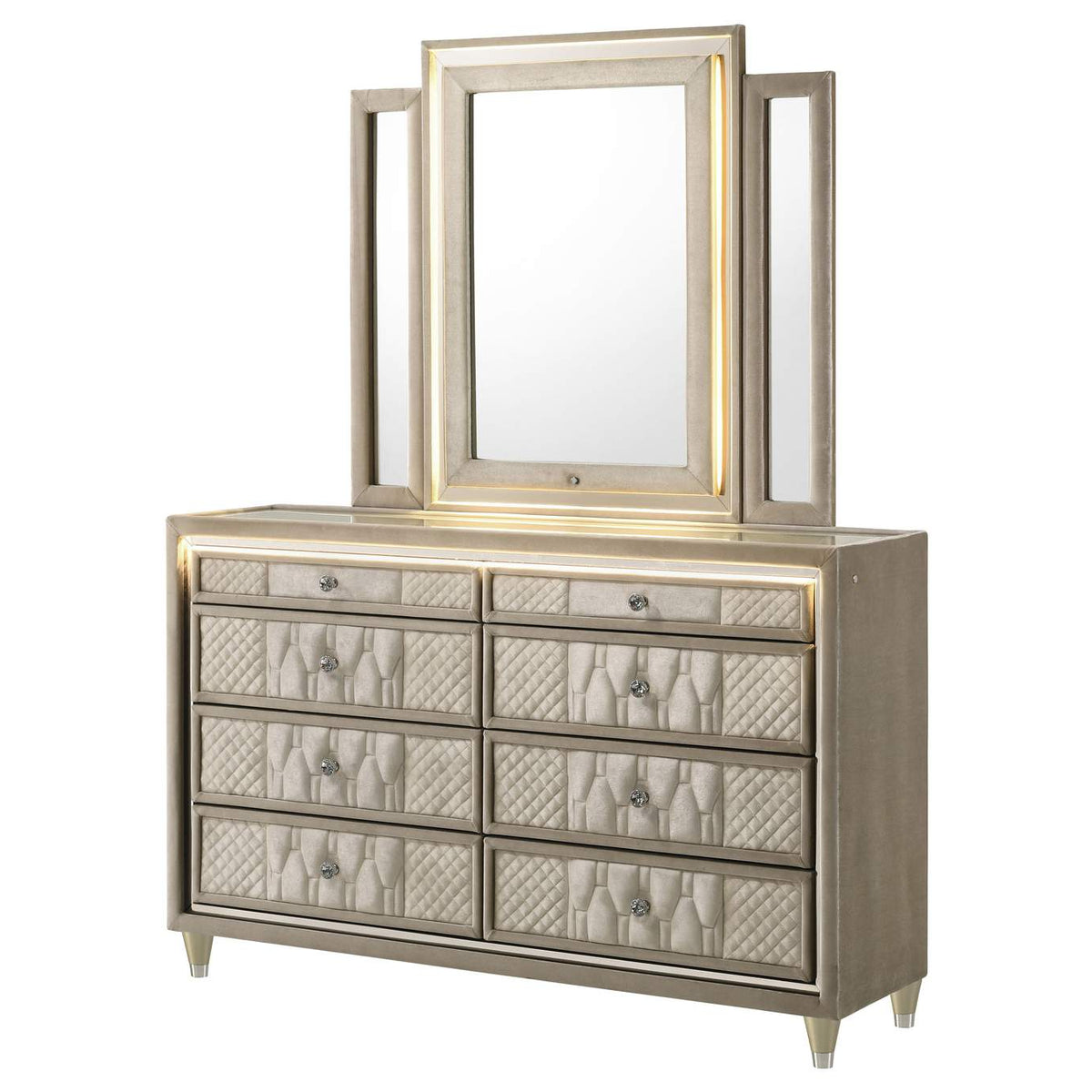 222663M Lorient 8-drawer LED Dresser with Mirror Ivory and Camel