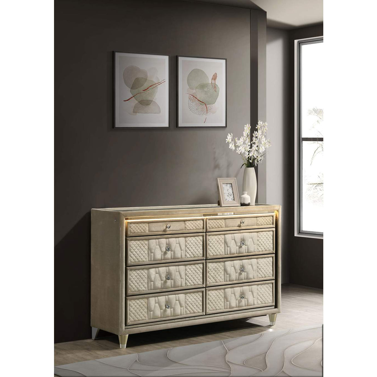 222663 Lorient 8-drawer LED Bedroom Dresser Cabinet Ivory and Camel