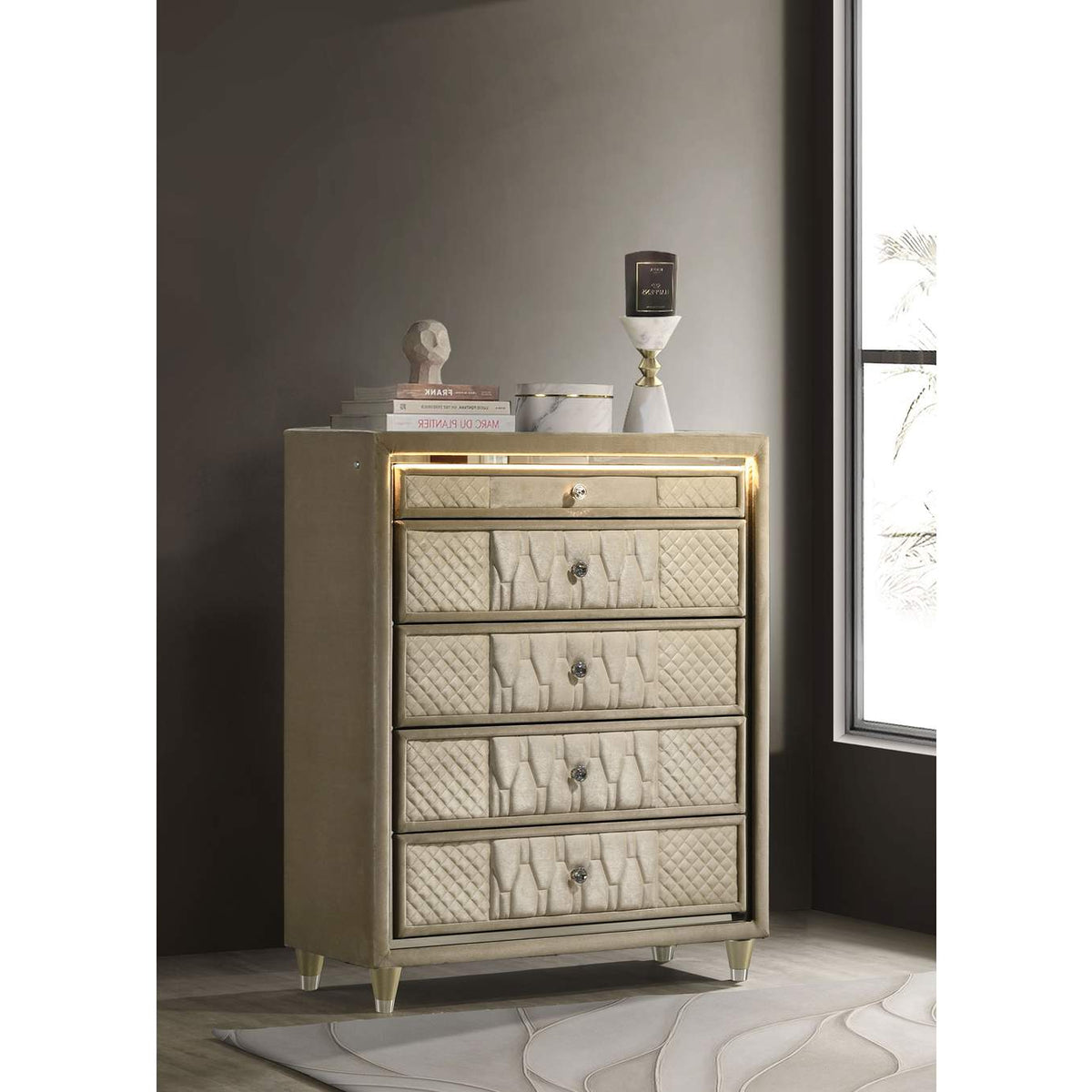 222665 Lorient 5-drawer LED Chest of Drawers Ivory and Camel