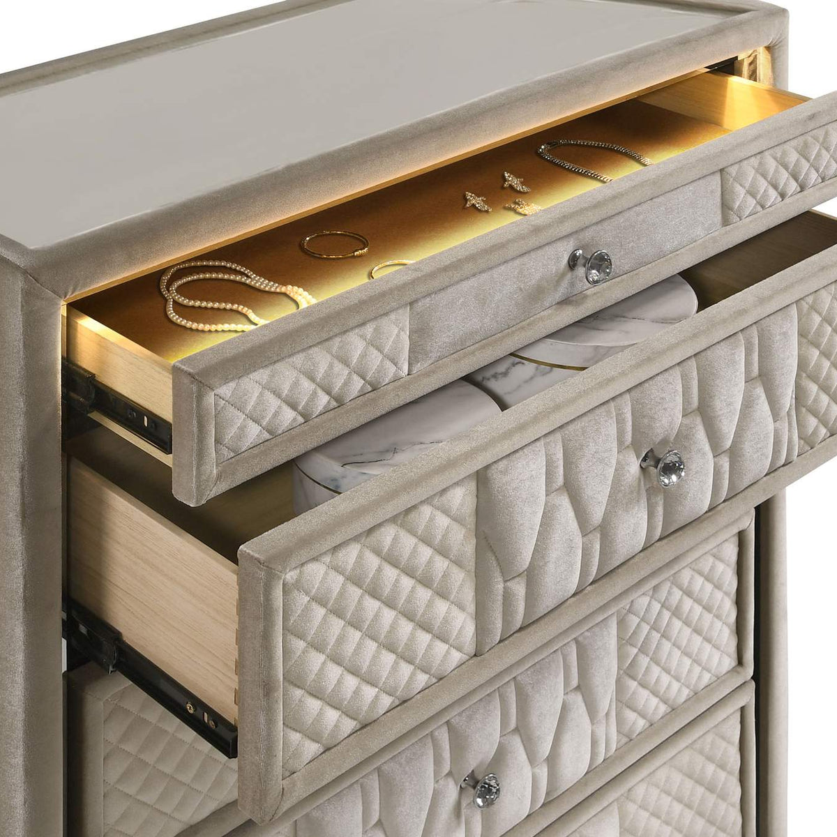 222665 Lorient 5-drawer LED Chest of Drawers Ivory and Camel