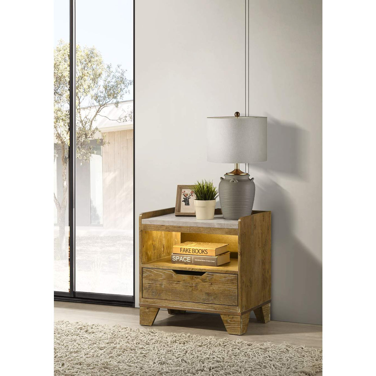 222972 Henderson 1-drawer LED Nightstand Bedside Table Medium Oak