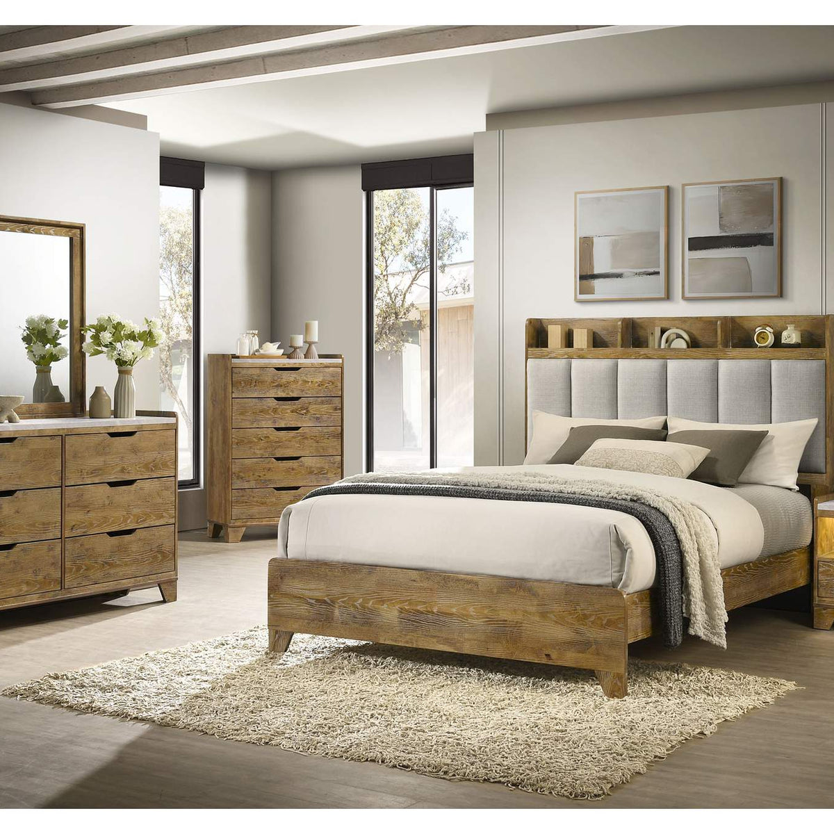 222972 Henderson 1-drawer LED Nightstand Bedside Table Medium Oak