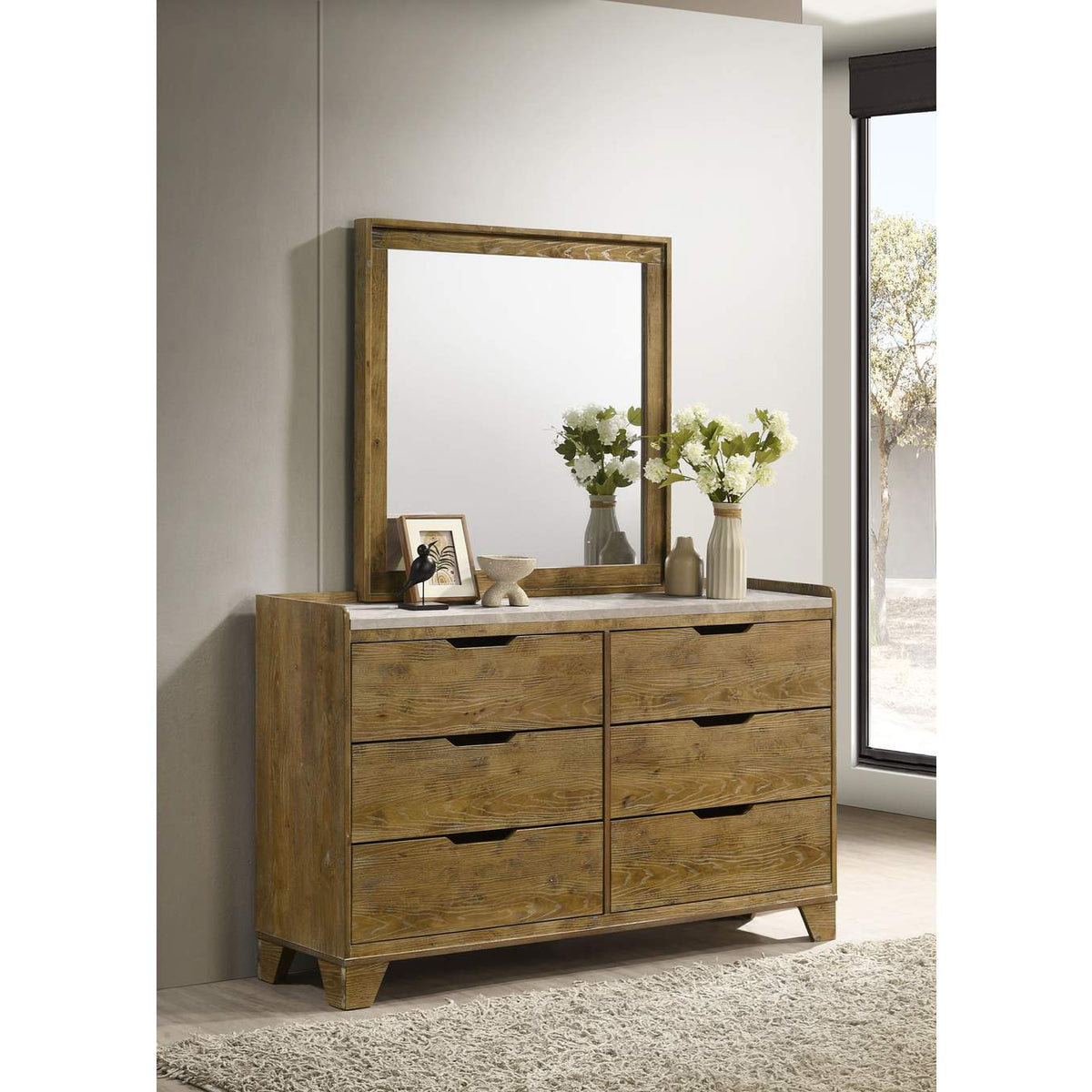 222973M Henderson 6-drawer Bedroom Dresser with Mirror Medium Oak