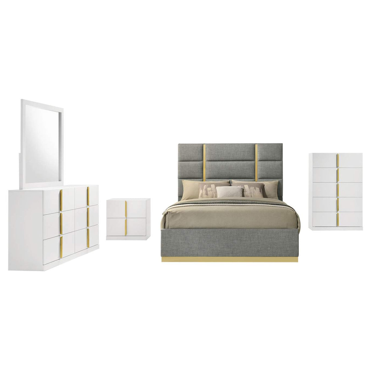 223091GRYKE-S5 Ines 5-piece Eastern King Bedroom Set Grey and White High Gloss