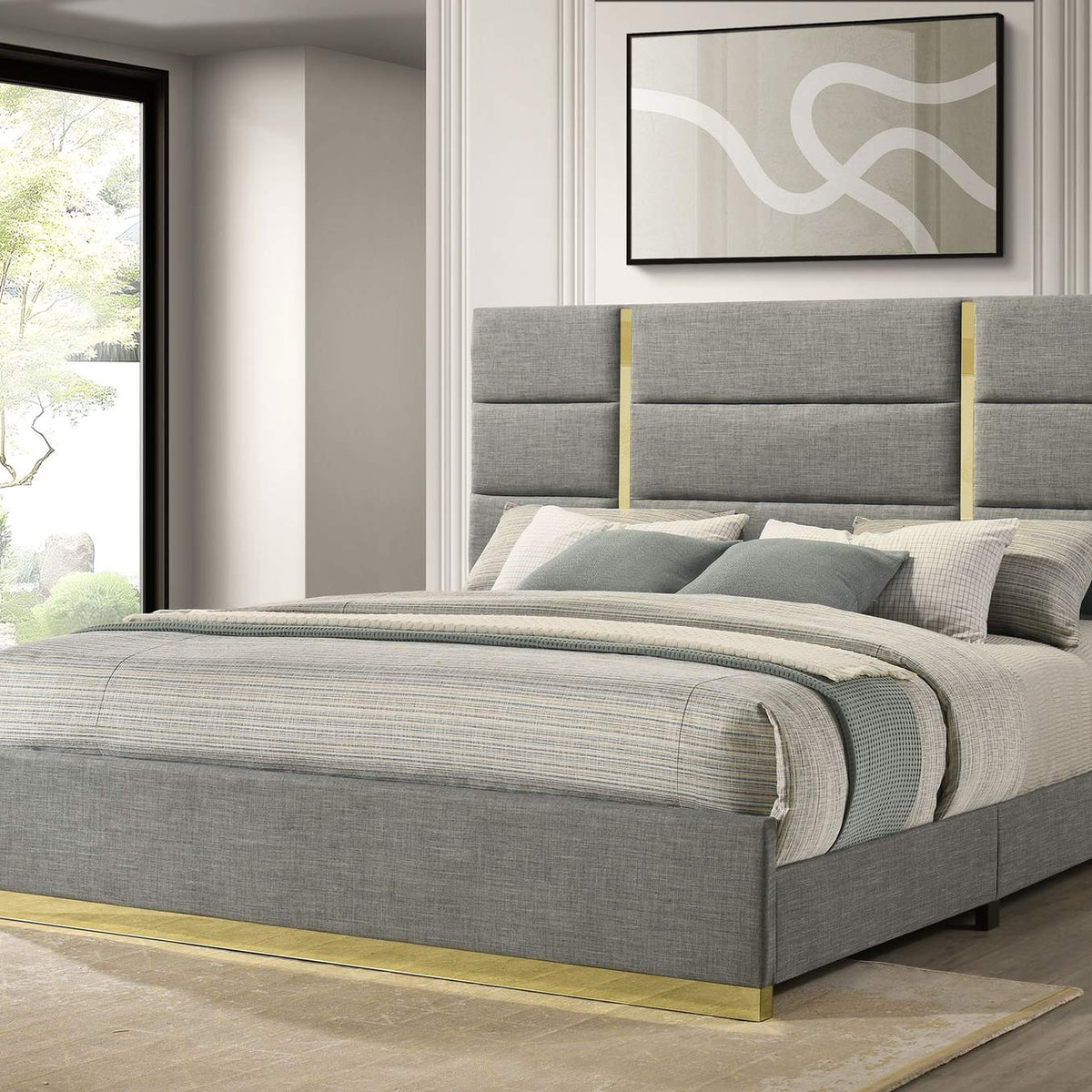 223091GRYKE Ines 56-inch Fabric Upholstered Eastern King Panel Bed Grey