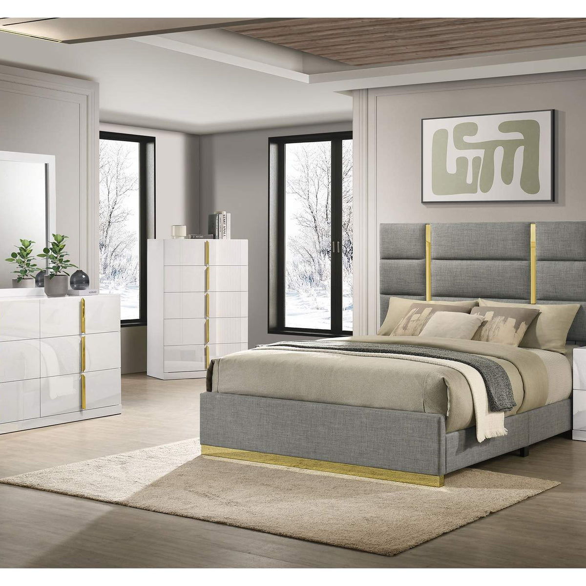 223091GRYKE Ines 56-inch Fabric Upholstered Eastern King Panel Bed Grey