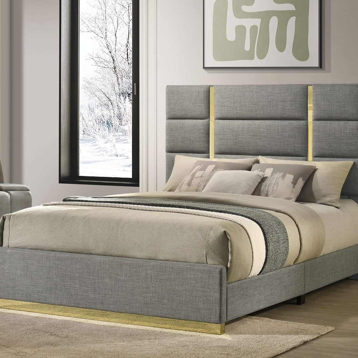 223091GRYQ Ines 56-inch Fabric Upholstered Queen Panel Bed Grey
