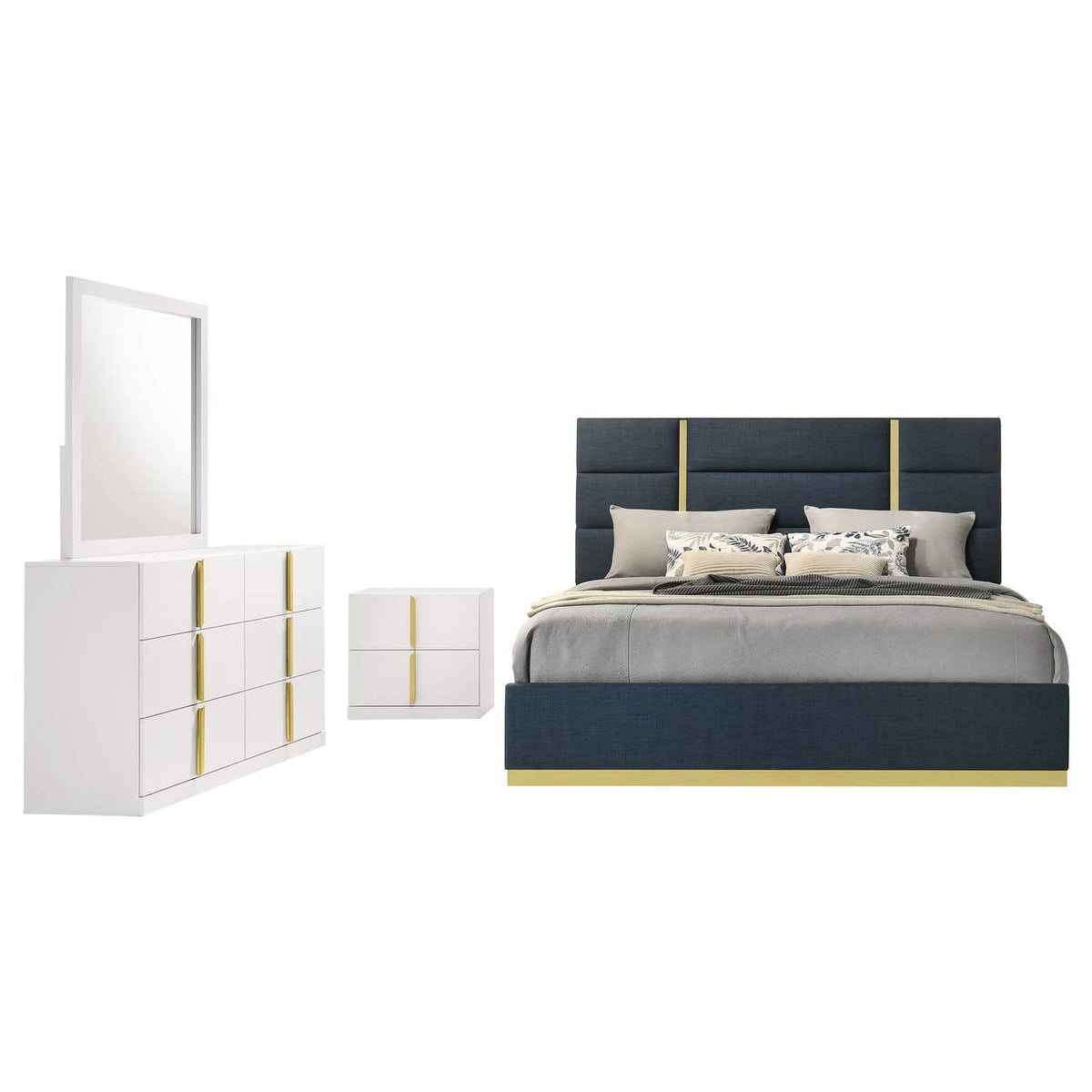 223091NVYKE-S4 Ines 4-piece Eastern King Bedroom Set Navy and White High Gloss