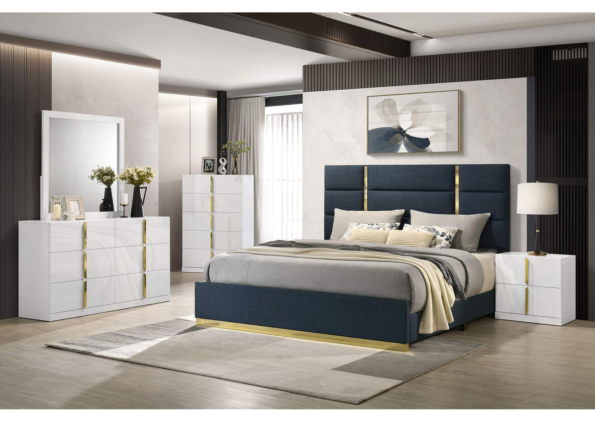 223091NVYKE-S5 Ines 5-piece Eastern King Bedroom Set Navy and White High Gloss