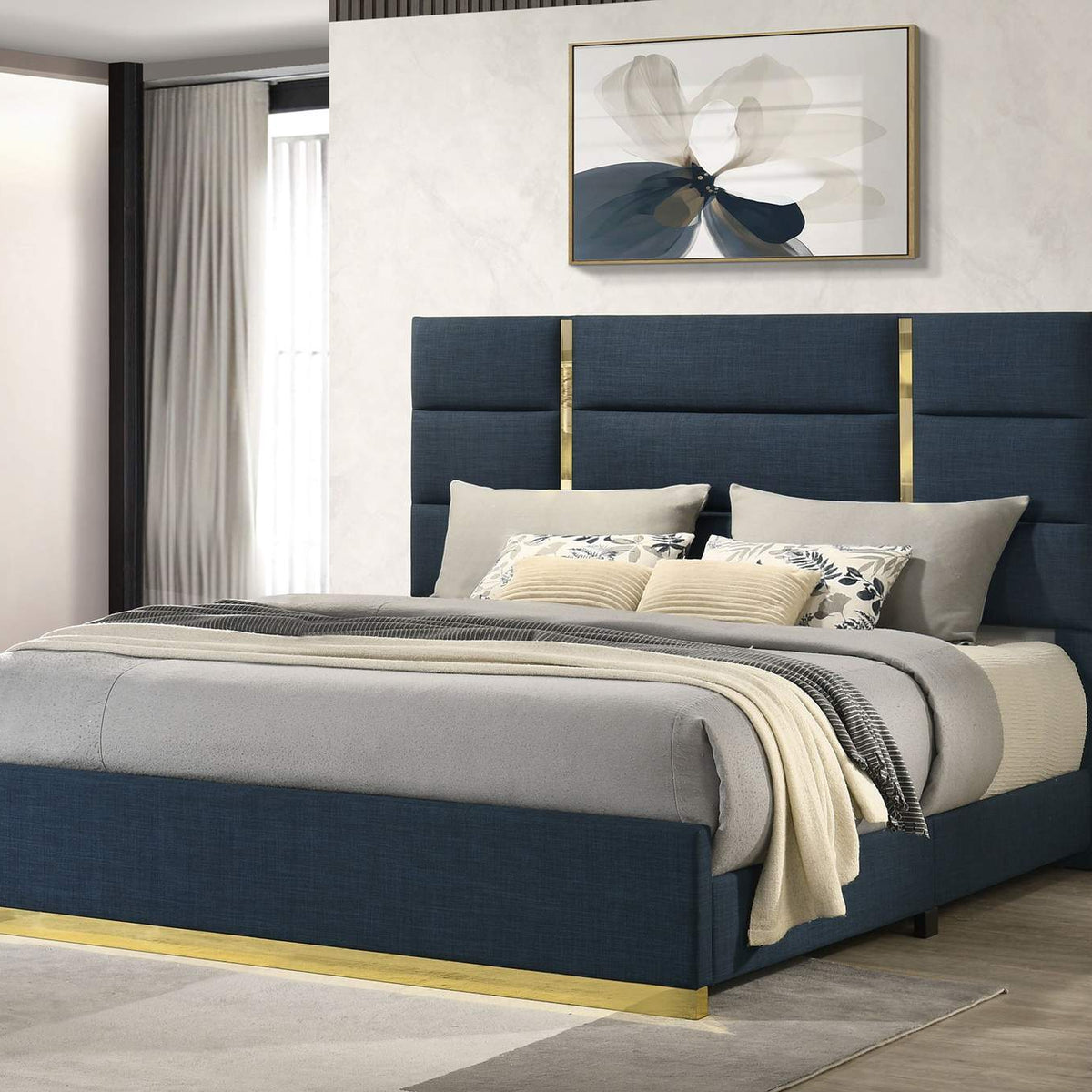 223091NVYKE Ines 56-inch Fabric Upholstered Eastern King Panel Bed Navy
