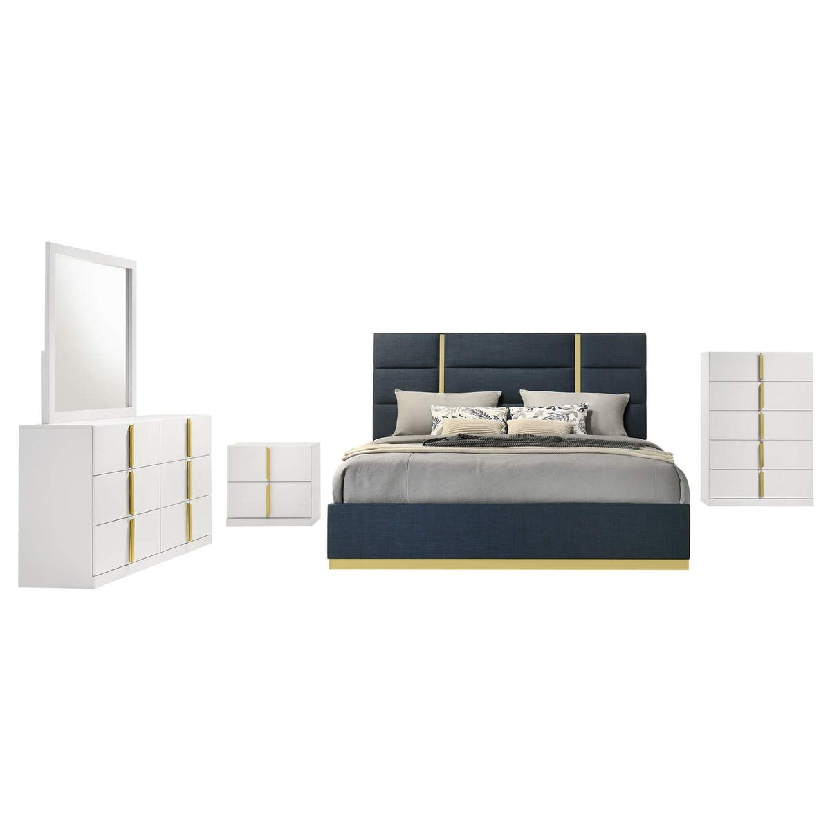 223091NVYQ-S5 Ines 5-piece Queen Bedroom Set Navy and White High Gloss