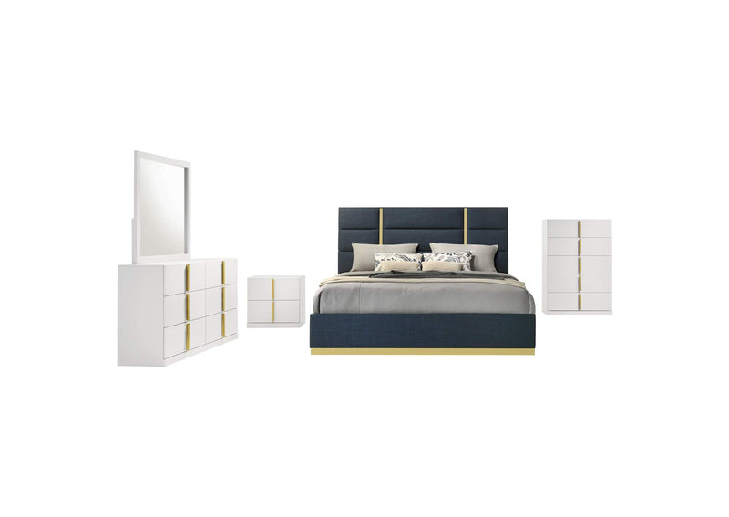 223091NVYQ-S5 Ines 5-piece Queen Bedroom Set Navy and White High Gloss