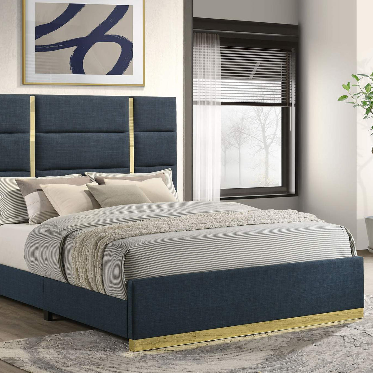 223091NVYQ Ines 56-inch Fabric Upholstered Queen Panel Bed Navy