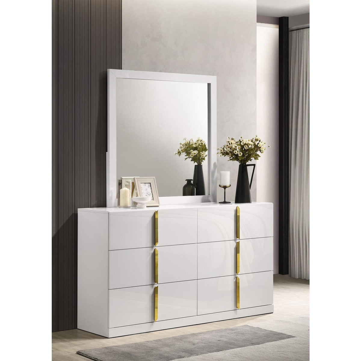223093M Ines 6-drawer Bedroom Dresser with Mirror White High Gloss