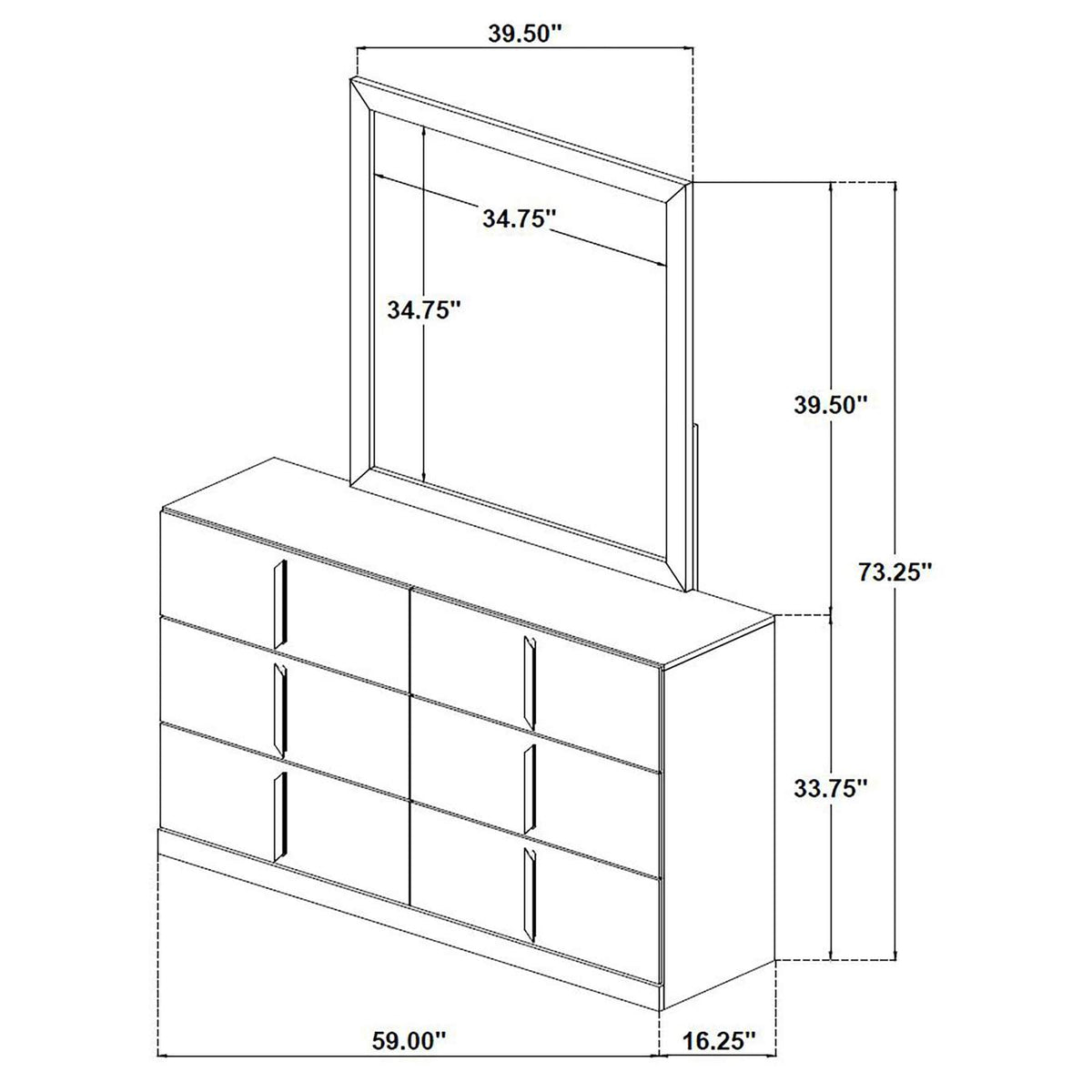 223093M Ines 6-drawer Bedroom Dresser with Mirror White High Gloss
