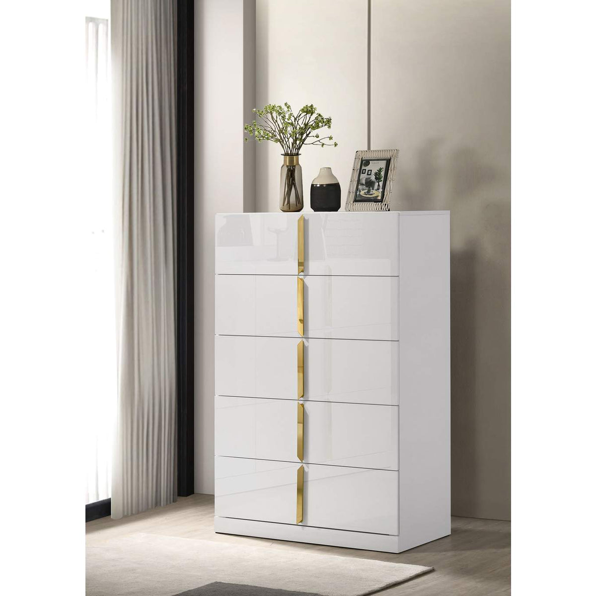 223095 Ines 5-drawer Bedroom Chest of Drawers White High Gloss