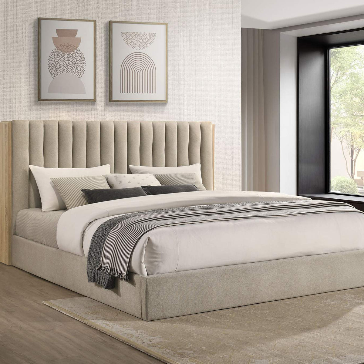 223111KE Arielle Eastern King Bookcase Panel Storage Bed Light Oak