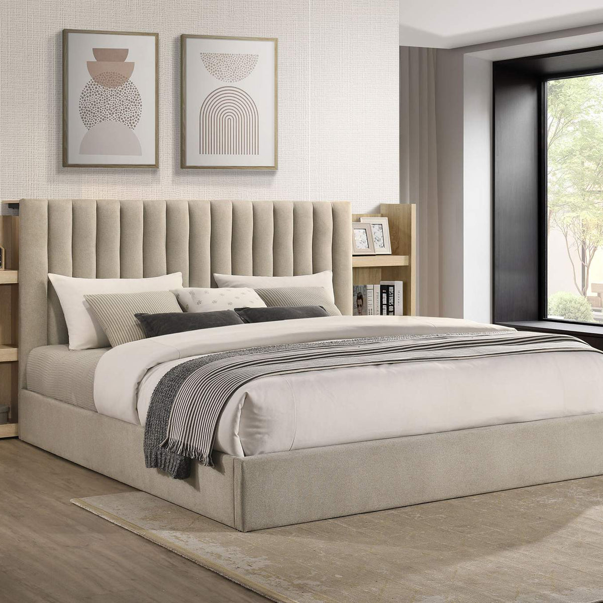 223111KE Arielle Eastern King Bookcase Panel Storage Bed Light Oak