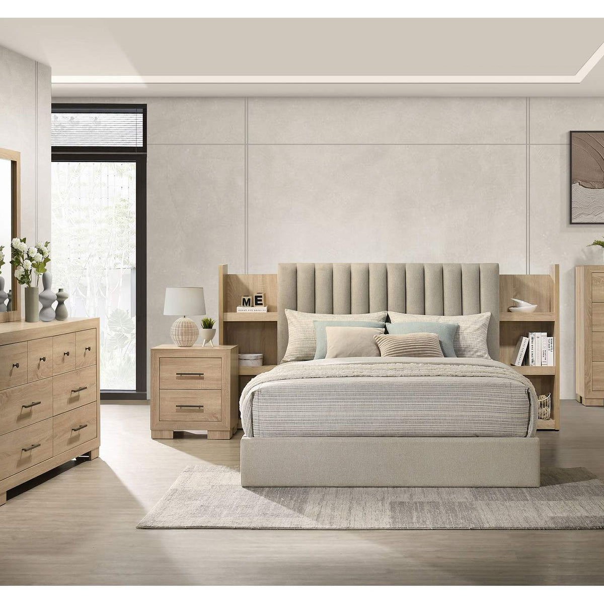 223111KE Arielle Eastern King Bookcase Panel Storage Bed Light Oak