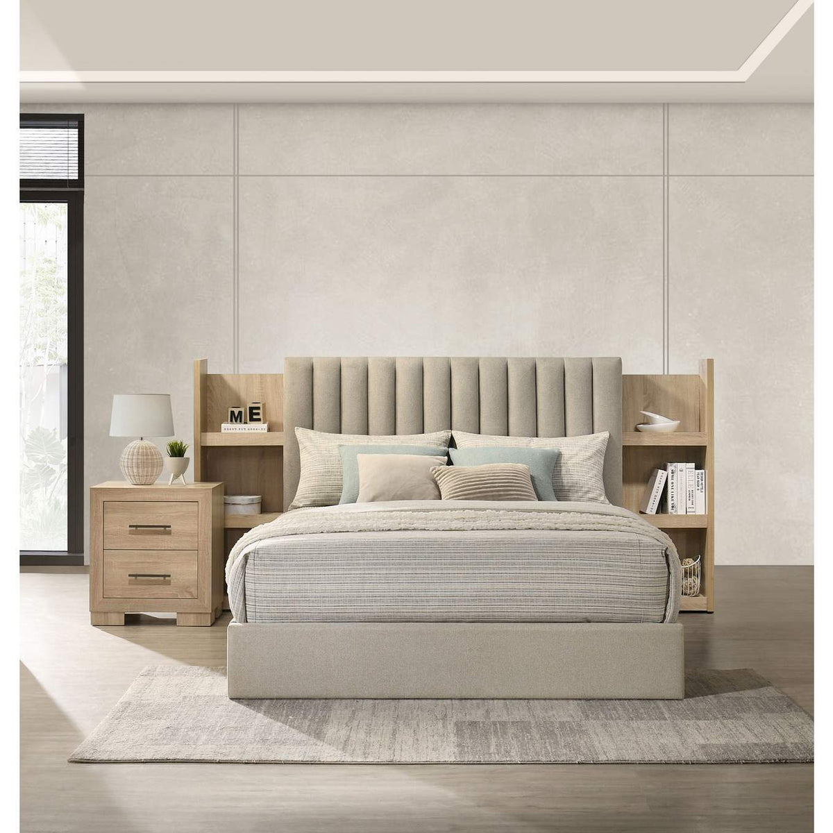 223111Q Arielle Queen Bookcase Panel Storage Bed Light Oak