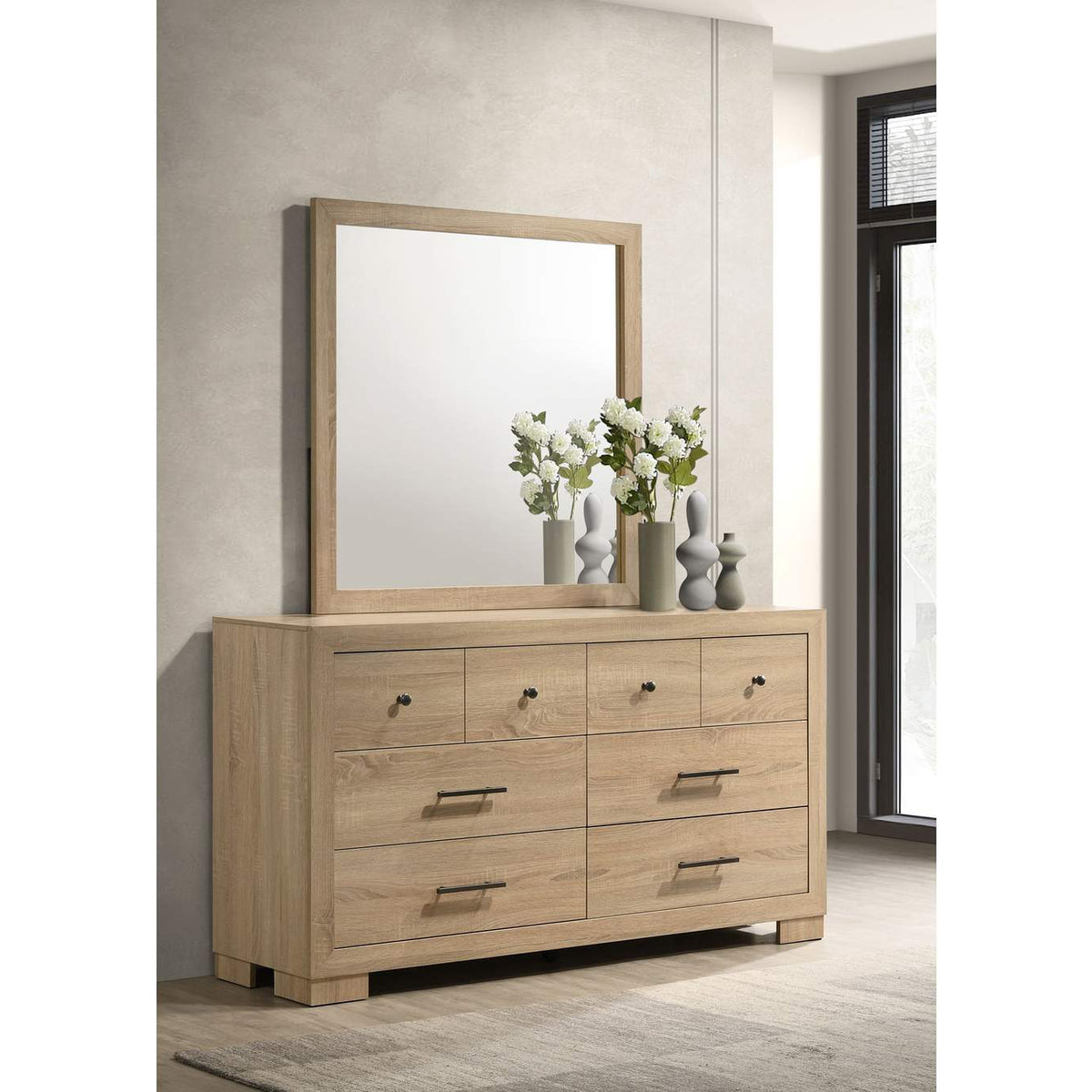 223113M Arielle 6-drawer Bedroom Dresser with Mirror Light Oak