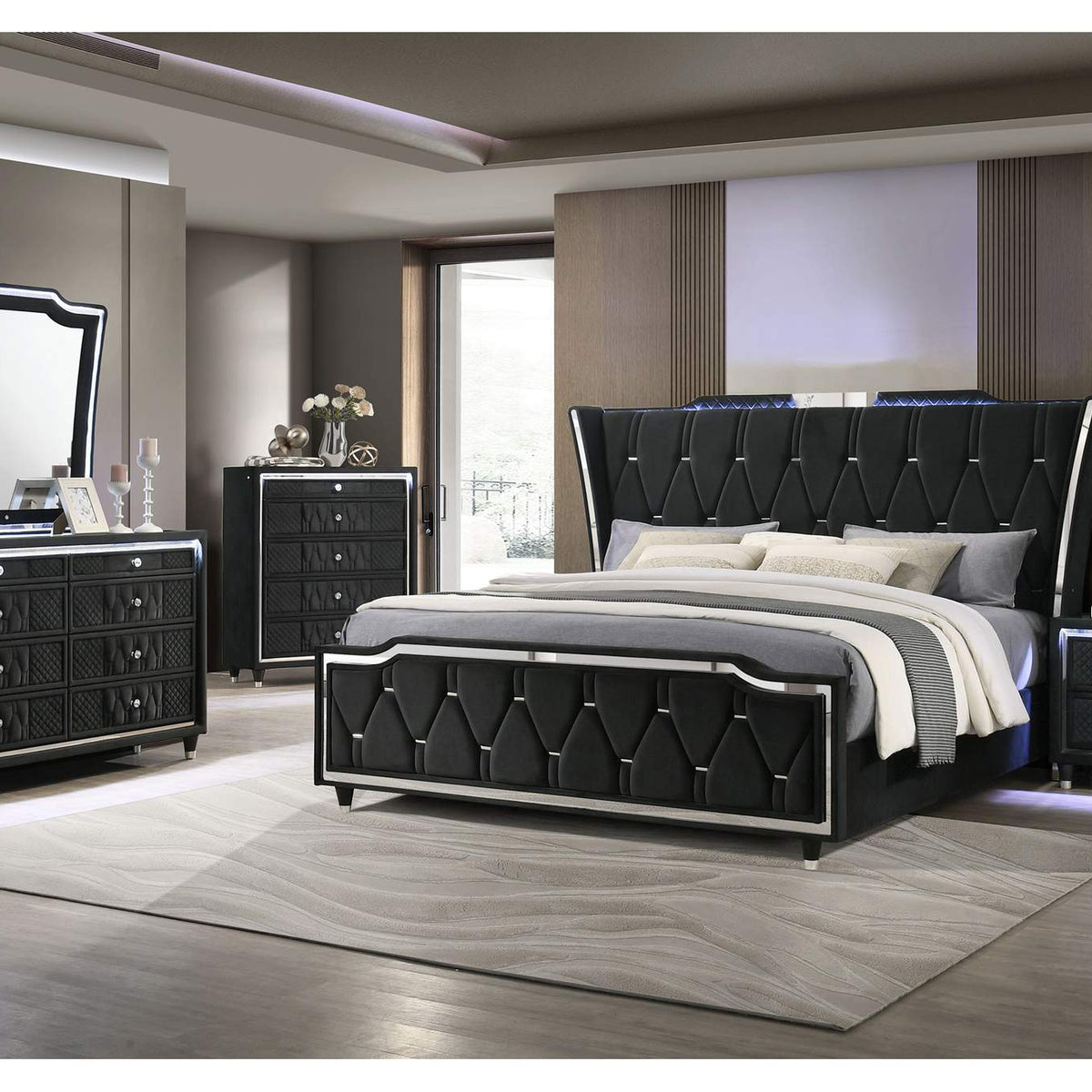 223161KE Lorient Eastern King LED Upholstered Bed Black