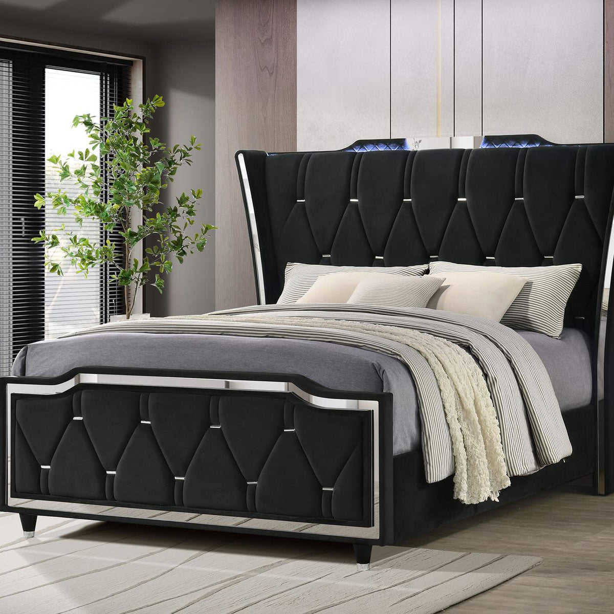 223161Q Lorient Queen LED Upholstered Wingback Bed Black