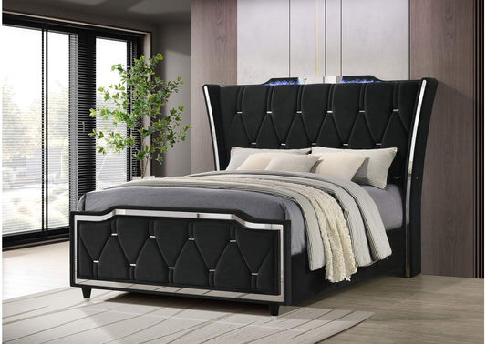 223161Q Lorient Queen LED Upholstered Wingback Bed Black