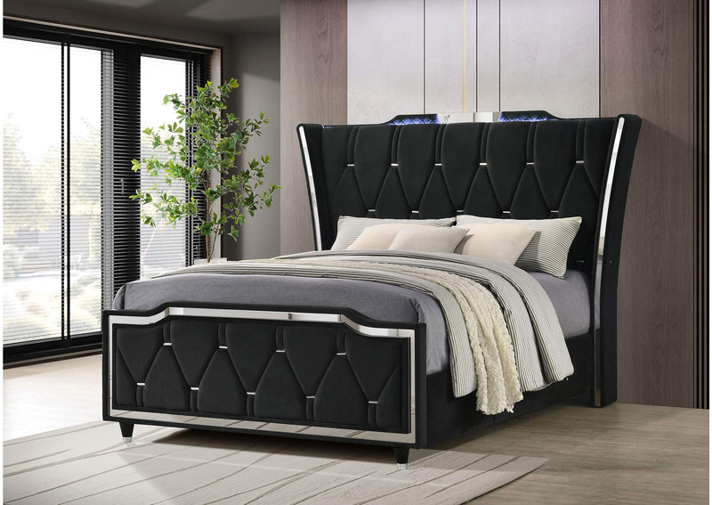 223161Q Lorient Queen LED Upholstered Wingback Bed Black