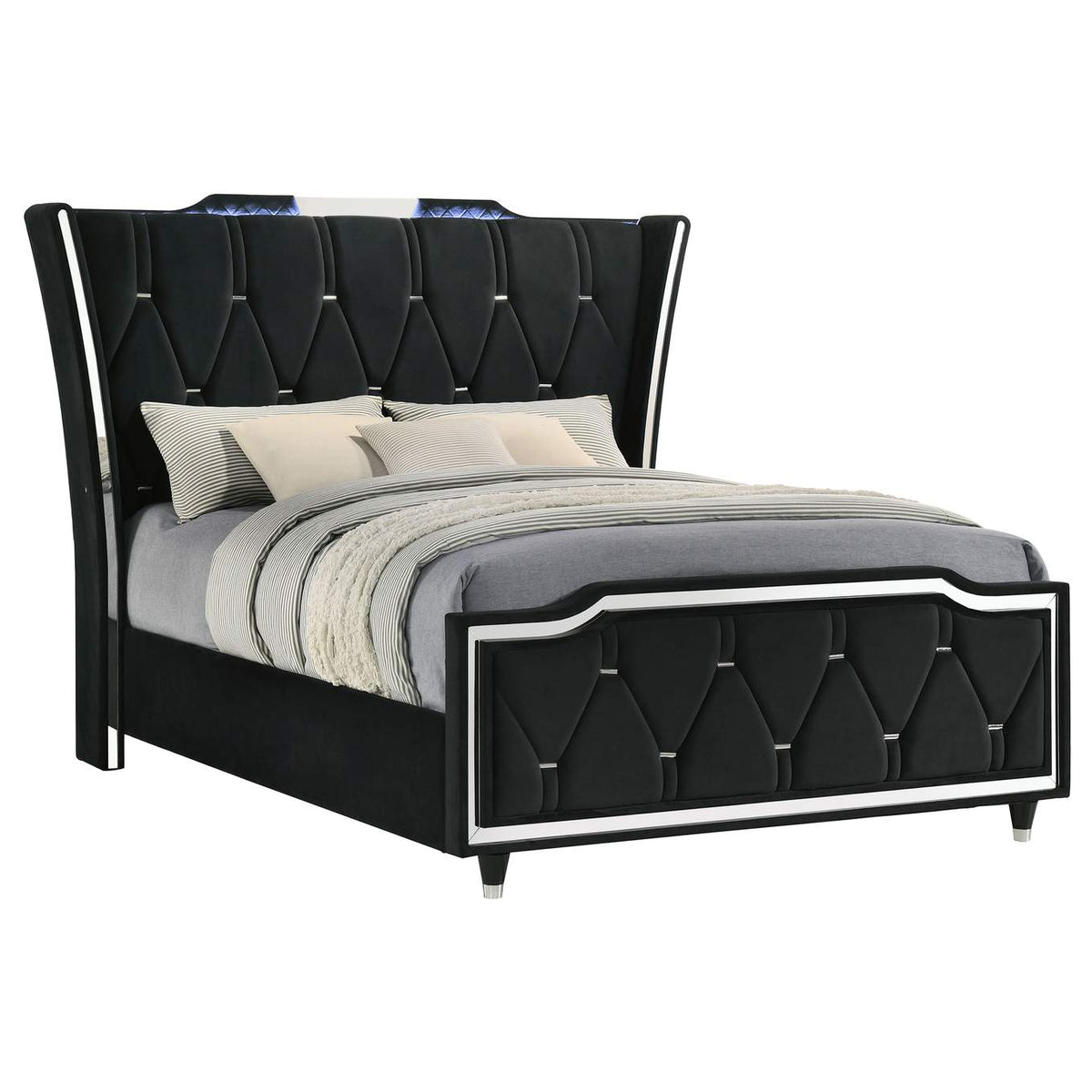 223161Q Lorient Queen LED Upholstered Wingback Bed Black
