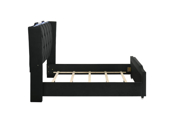 223161Q Lorient Queen LED Upholstered Wingback Bed Black