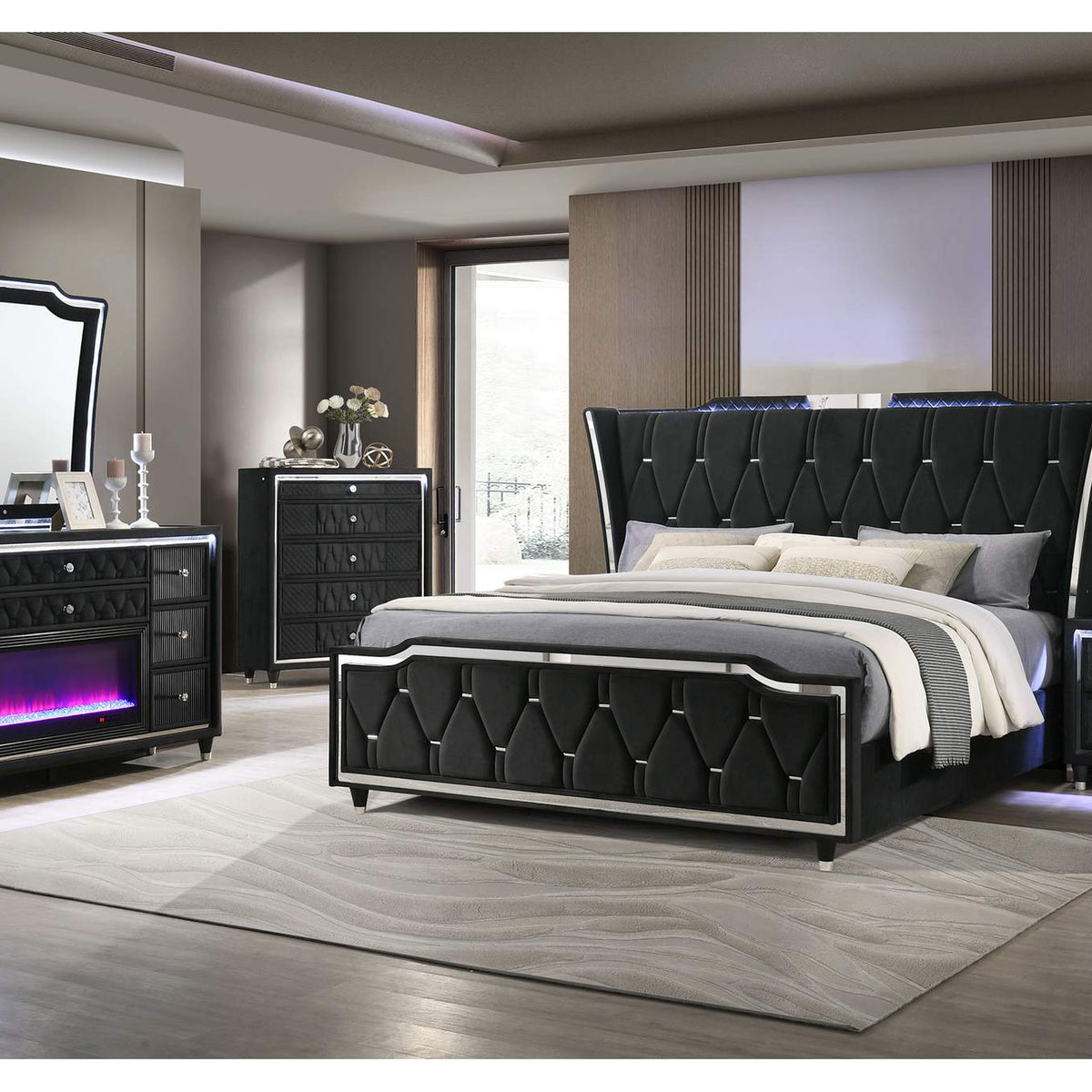 223161Q Lorient Queen LED Upholstered Wingback Bed Black