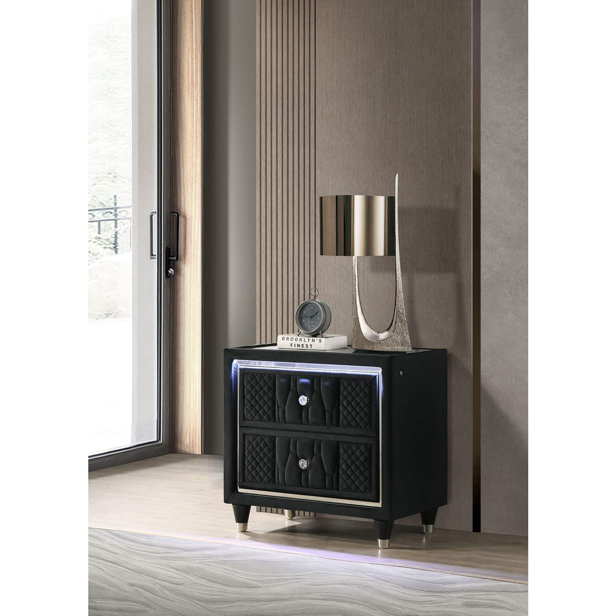 223162 Lorient 2-drawer LED Nightstand with USB Black