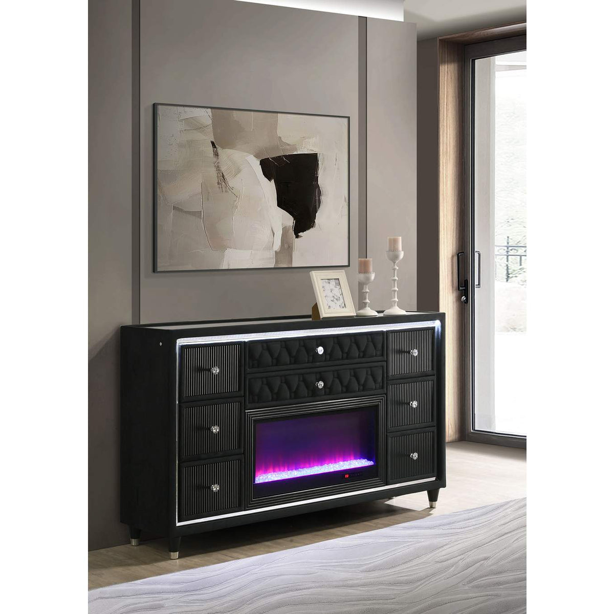 223163FB Lorient 8-drawer LED Bedroom Flame Box Dresser Black